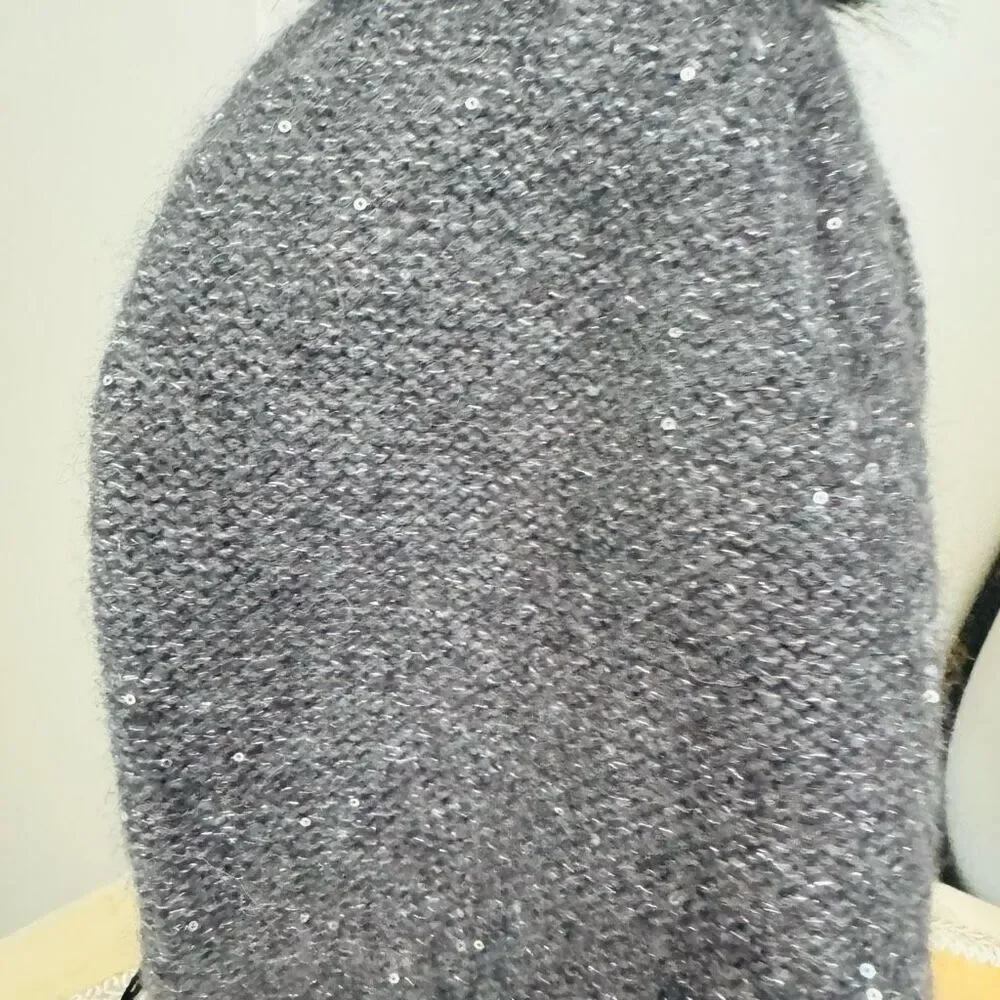 Sofia Cashmere Sequin 100%‎ Cashmere Beanie with Faux Fur Pompom Gray/Black, NWT
